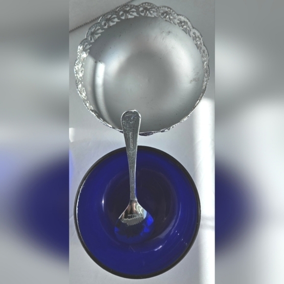 VINTAGE CELTIC QUALITY PLATE CO 3 PC PEDESTAL BOWL BLUE SILVER - Picture 5 of 8